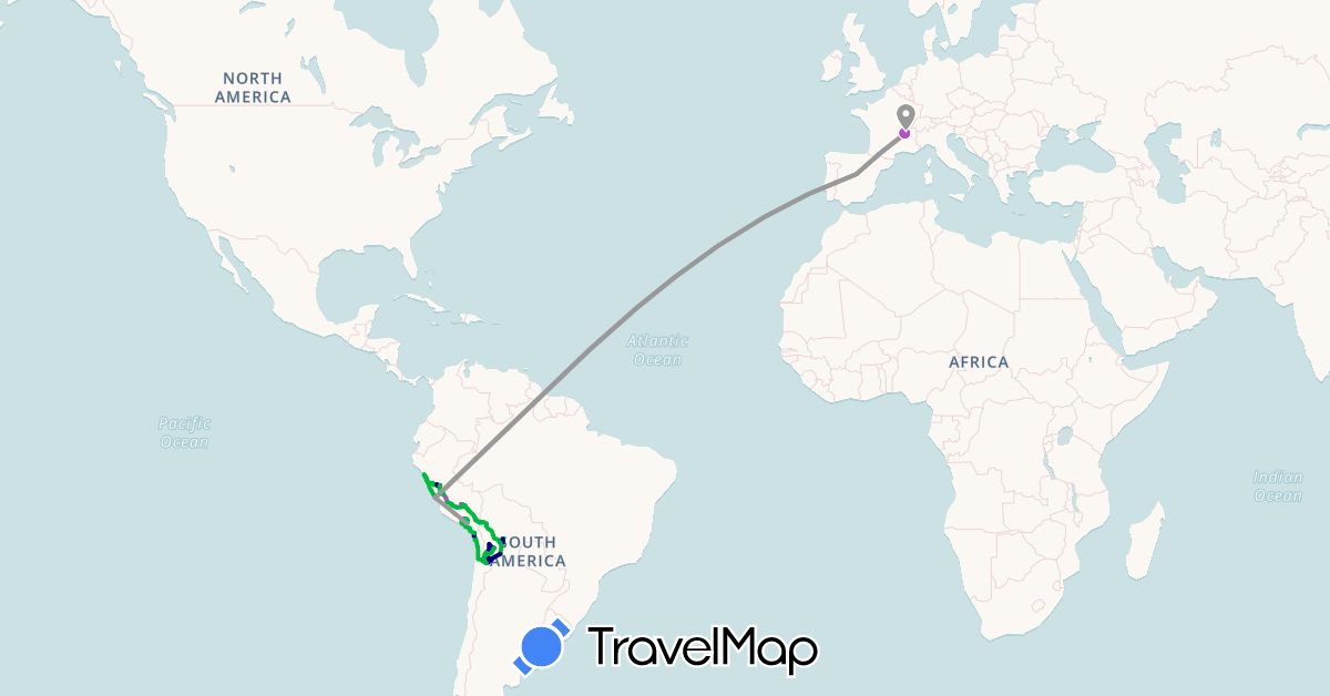 TravelMap itinerary: driving, bus, plane, cycling, train, hiking, boat in Bolivia, Chile, Spain, France, Peru (Europe, South America)
